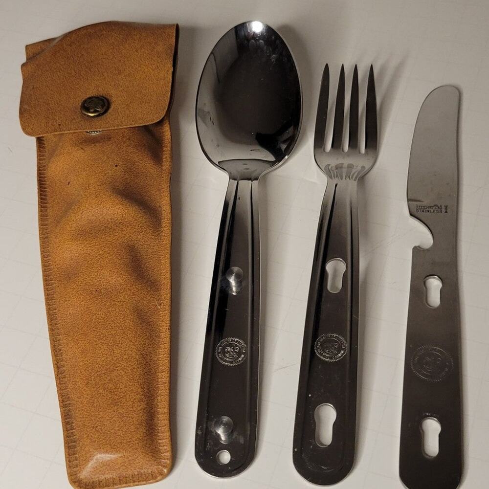 Vintage Boy Scouts BSA Camping Utensil Set Imperial Stainless Steel 3-Pc W/ Case
